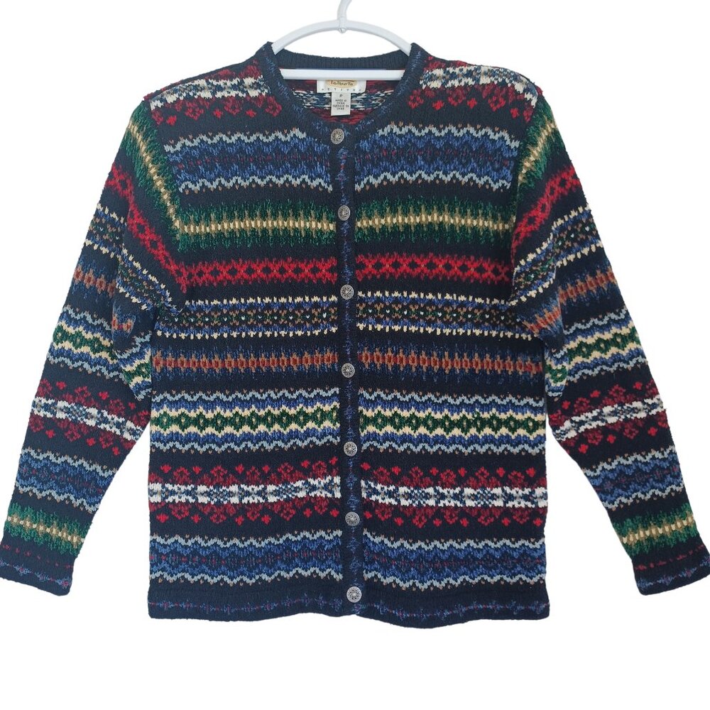 Talbots‎ Sweater Cardigan Chenille Button Front Black Multi Stripe Womens Petite